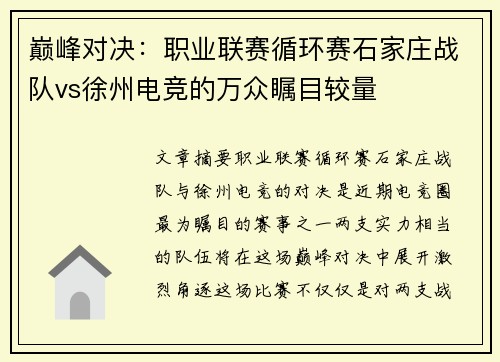 巅峰对决：职业联赛循环赛石家庄战队vs徐州电竞的万众瞩目较量